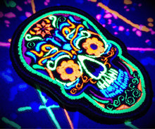 Load image into Gallery viewer, Blacklight Dark Blacklight Sugar Skull Velvet Patch - Amp Up Your Gear with Trippy, Eye-Catching Fluorescent Thread Magic

