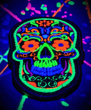 Load image into Gallery viewer, Blacklight Dark Blacklight Sugar Skull Velvet Patch - Amp Up Your Gear with Trippy, Eye-Catching Fluorescent Thread Magic
